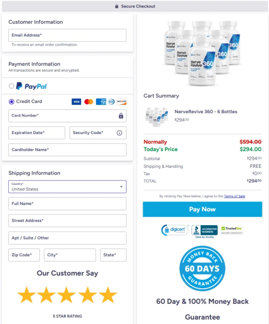 Secure checkout for Nerve Revive 360 order